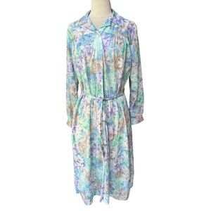 Deadstock‎ 1970s A Nancy Frock Floral, Poly Dress w/Matching Belt & Right Hip Po